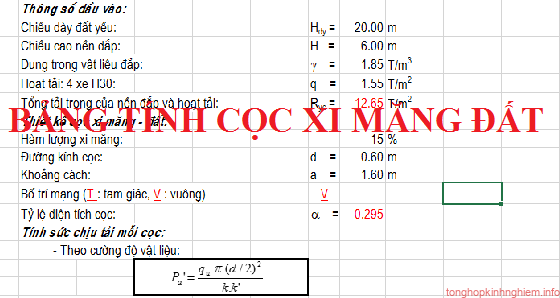 Bảng tính cọc xi măng đất Bảng tính cọc xi măng đất